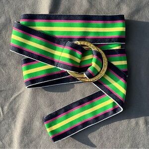 LRL Ralph Lauren NAVY KELLY PINK Stripe Grosgrain Ribbon M Belt Logo Double Ring
